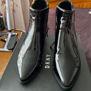 Brand new black patent leather DKNY ankle boots